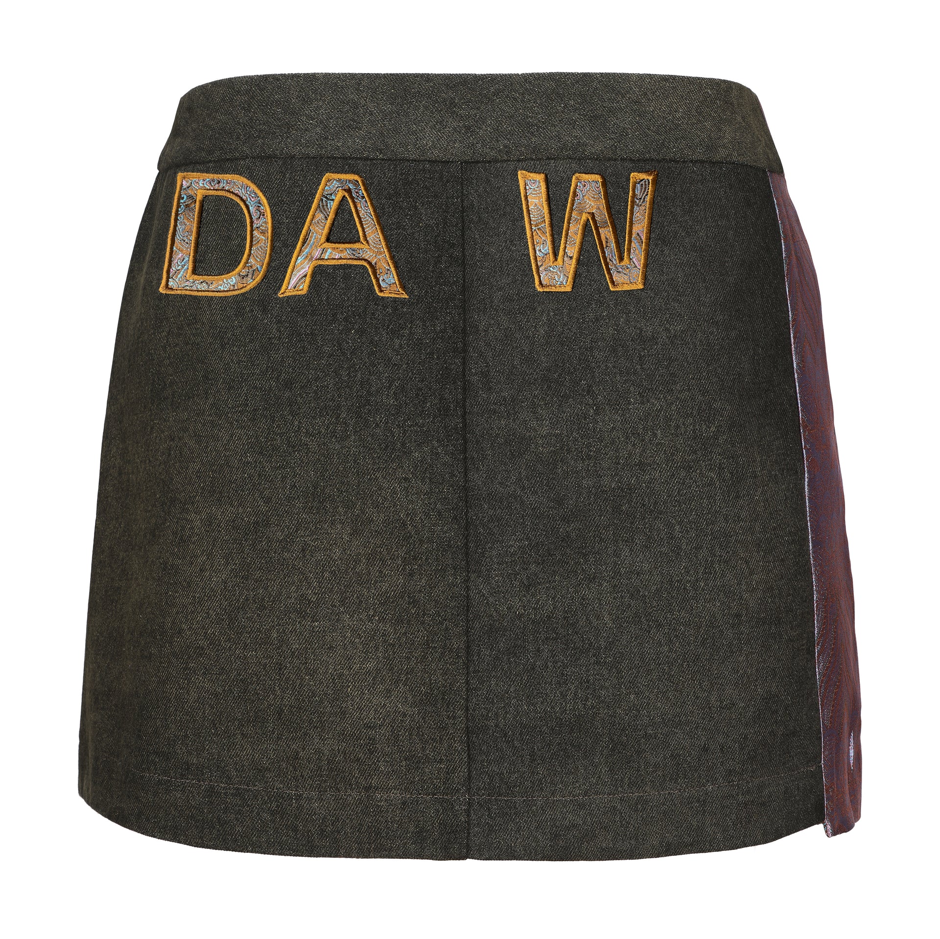 Dan Denim Patch Mini Skirt, Denim Brocade Patch, back, logo close up