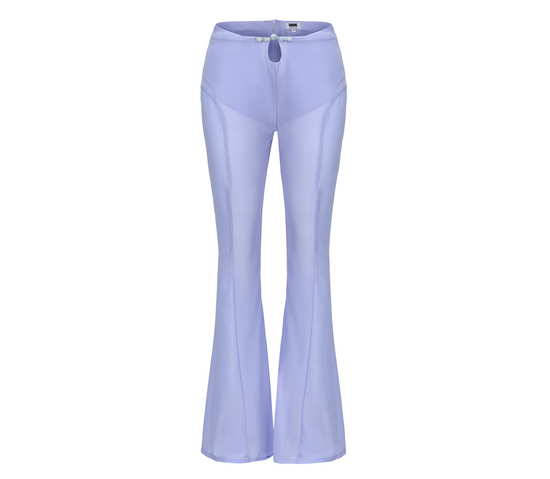 Meng Mid Rise Flare Pants, MID-RISE - WIDE-LEG - FULL LENGTH, Stretch Knit Fabric and Lining, Brocade Knot Button Center Front, lavender, front