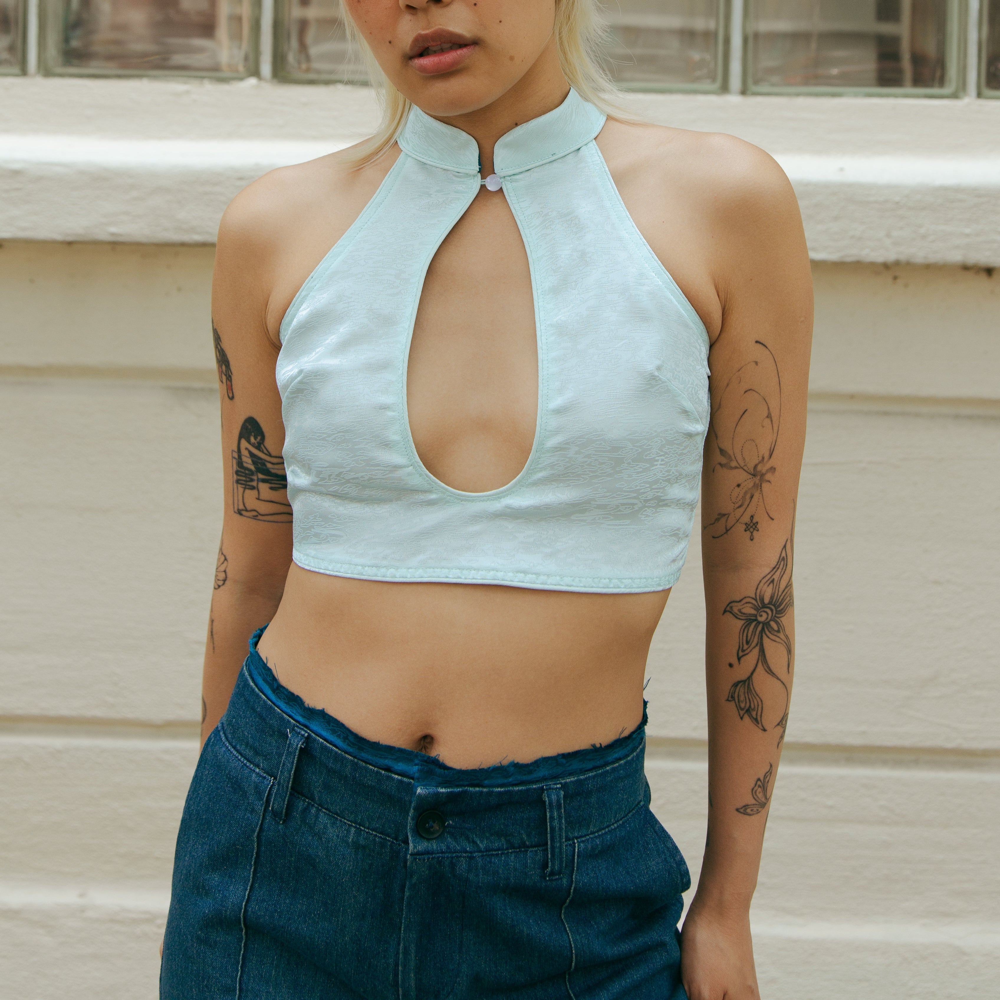 Xi Keyhole Reversible Tie-up Top Jade Blue