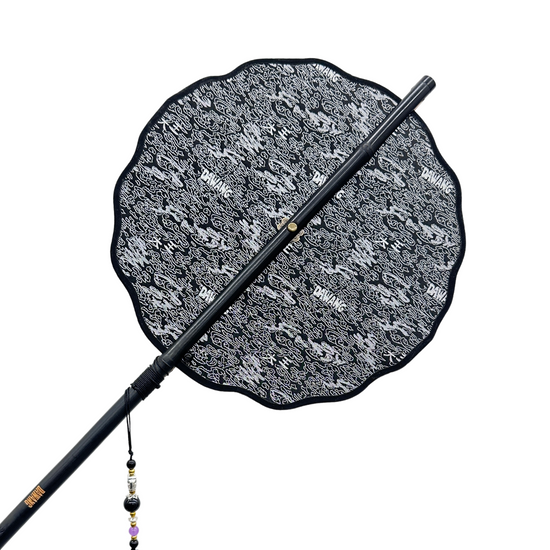 Huan Brocade Foldable Fan, Bamboo Handle, Black String, Tassel, Logo Engraved on Handle, overview, form1