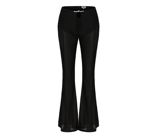 Meng Mid Rise Flare Pants, MID-RISE - WIDE-LEG - FULL LENGTH, Stretch Knit Fabric and Lining, Brocade Knot Button Center Front, black,  front