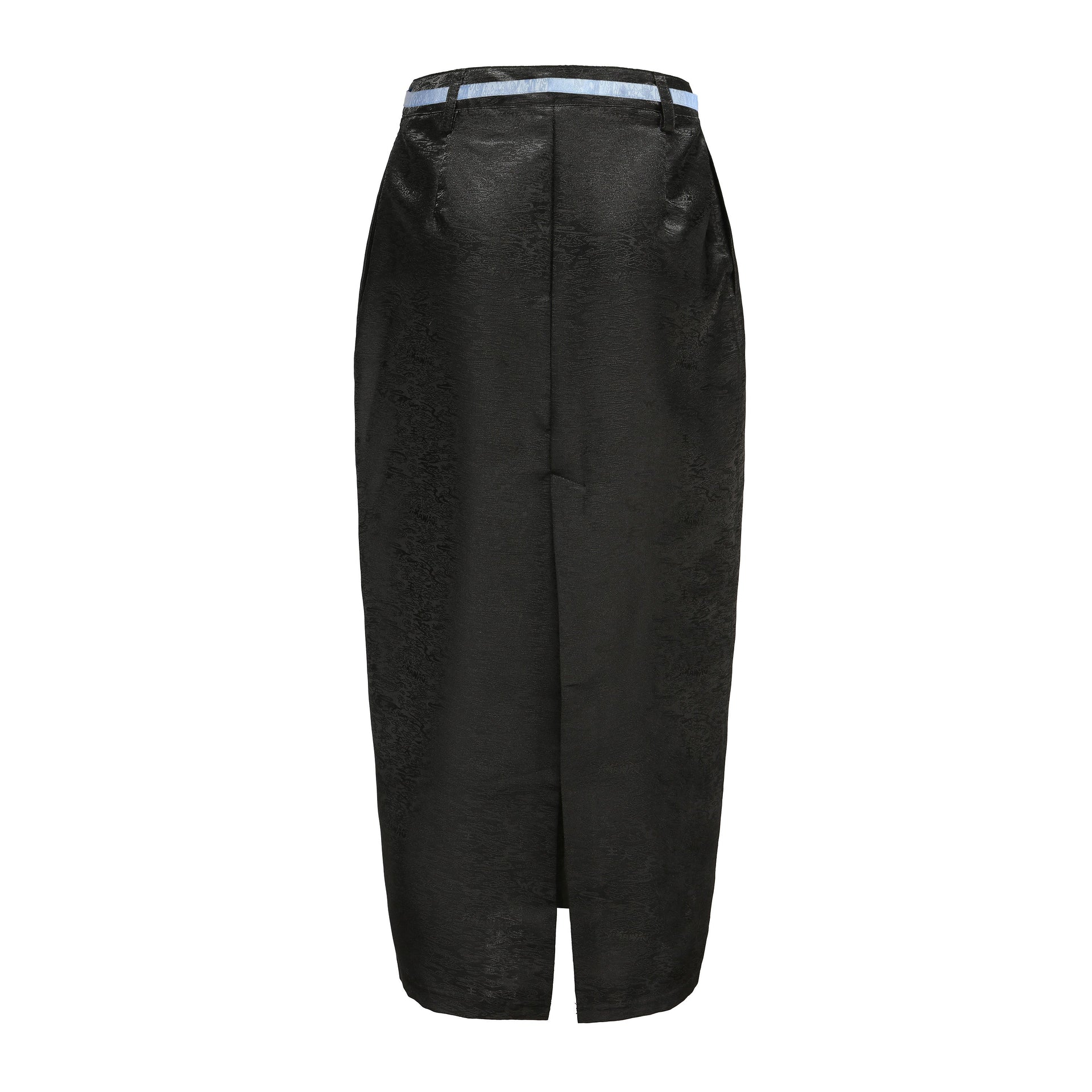 Peng Back Slit Cargo Midi Skirt, Mid Waist Fit, Back Center Slit, Side Pockets, Brocade Belt, DAWANG CUSTOM LOGO BROCADE, black, back