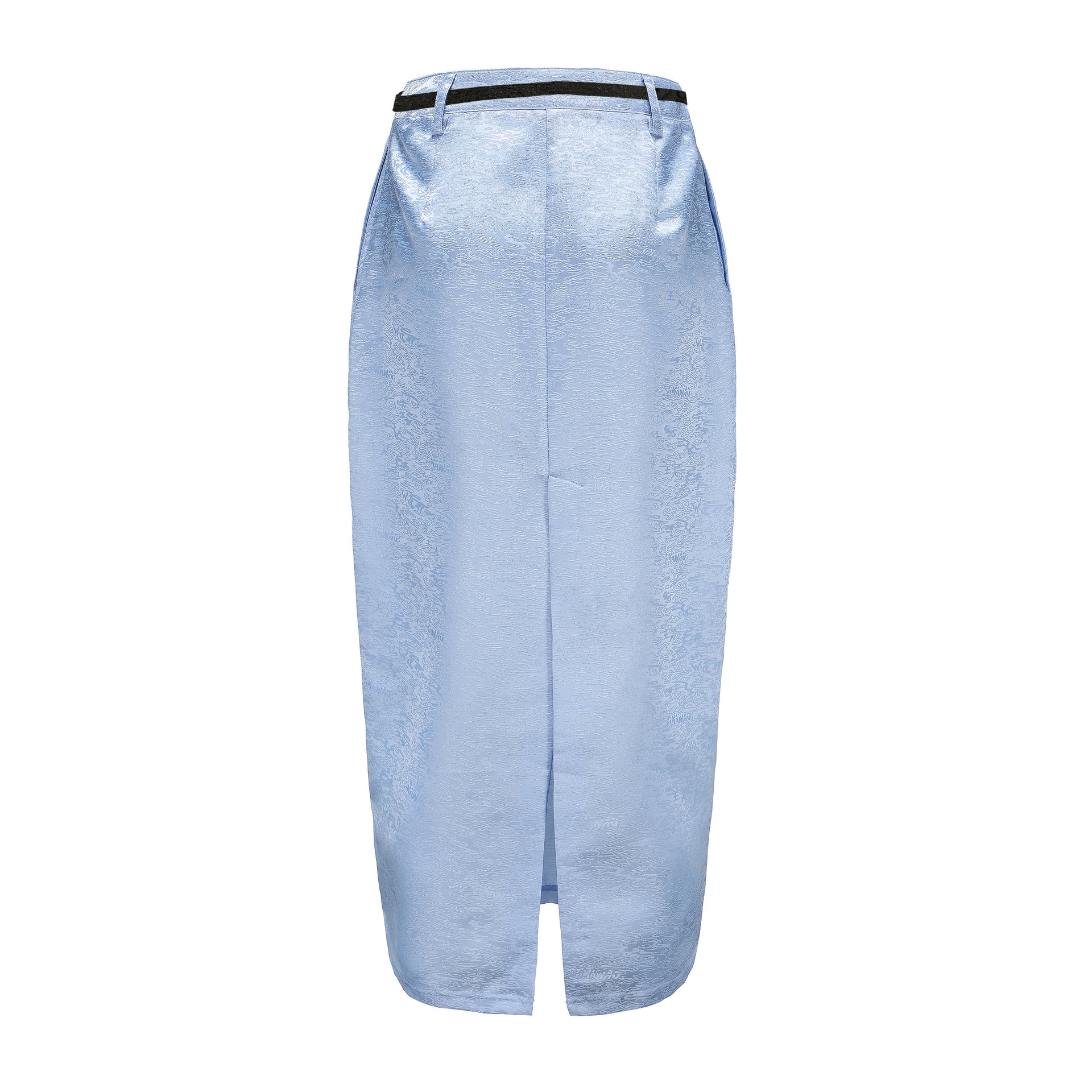 Peng Back Slit Cargo Midi Skirt, Mid Waist Fit, Back Center Slit, Side Pockets, Brocade Belt, DAWANG CUSTOM LOGO BROCADE, blue, back