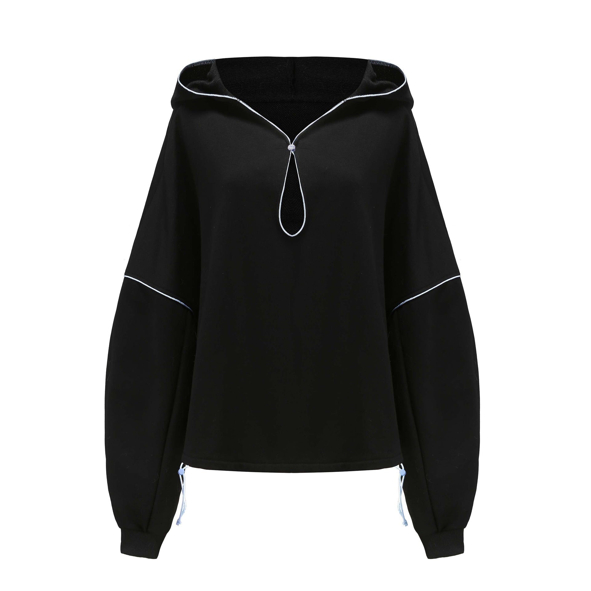 Mugwort x DAWANG Open Neck Drawstring Adjustable Hoodie, Drop Shoulder Oversized Fit,Contrast Color Piping, Center Front Knot Button, back