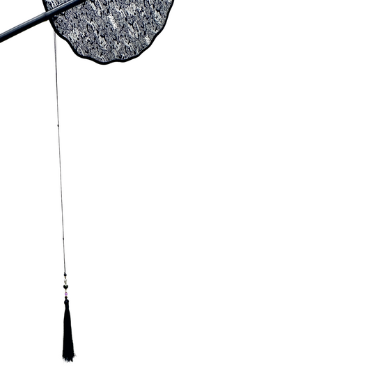 Huan Brocade Foldable Fan, Bamboo Handle, Black String, Tassel, close up