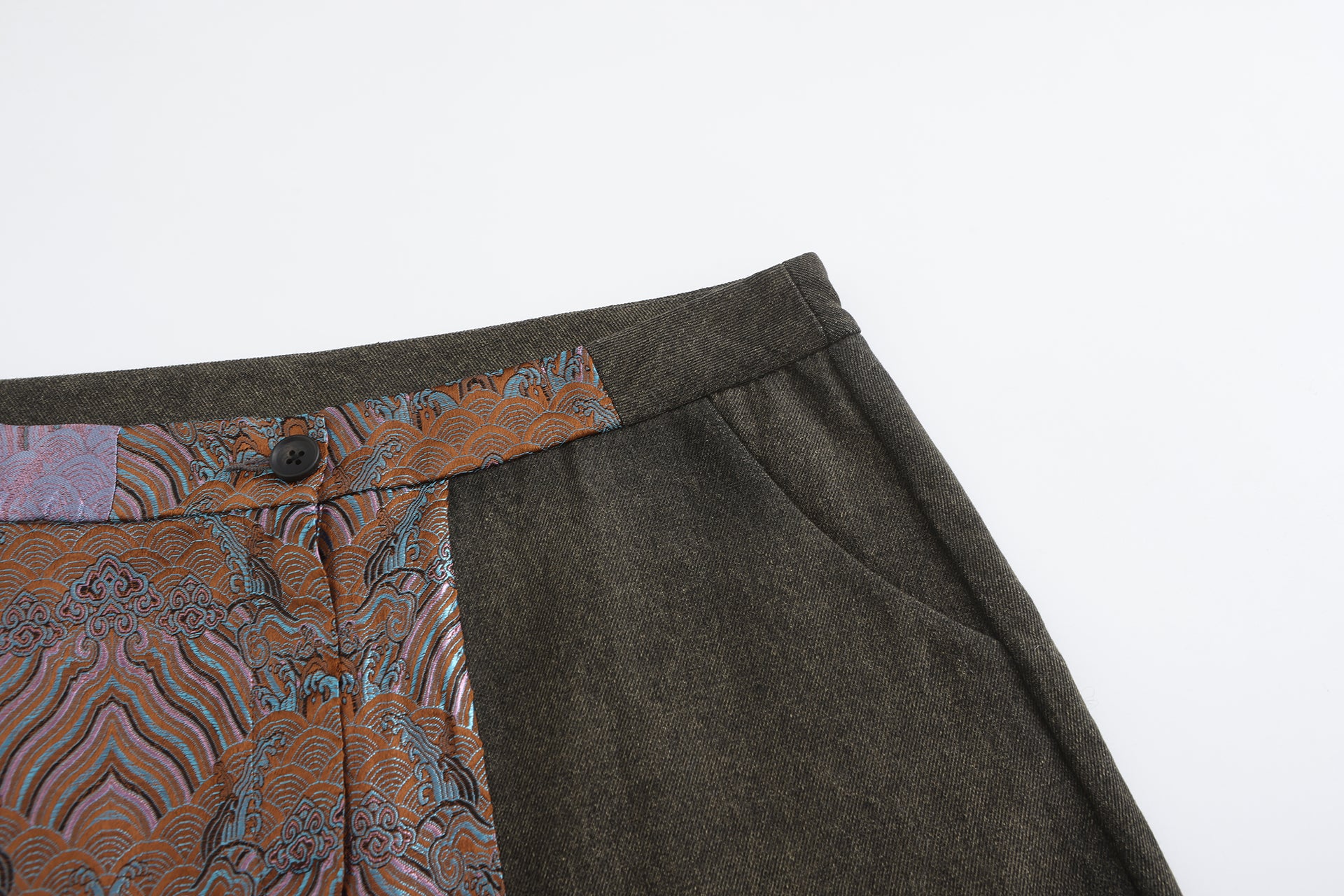 Dan Denim Patch Mini Skirt, Denim Brocade Patch, pocket close up