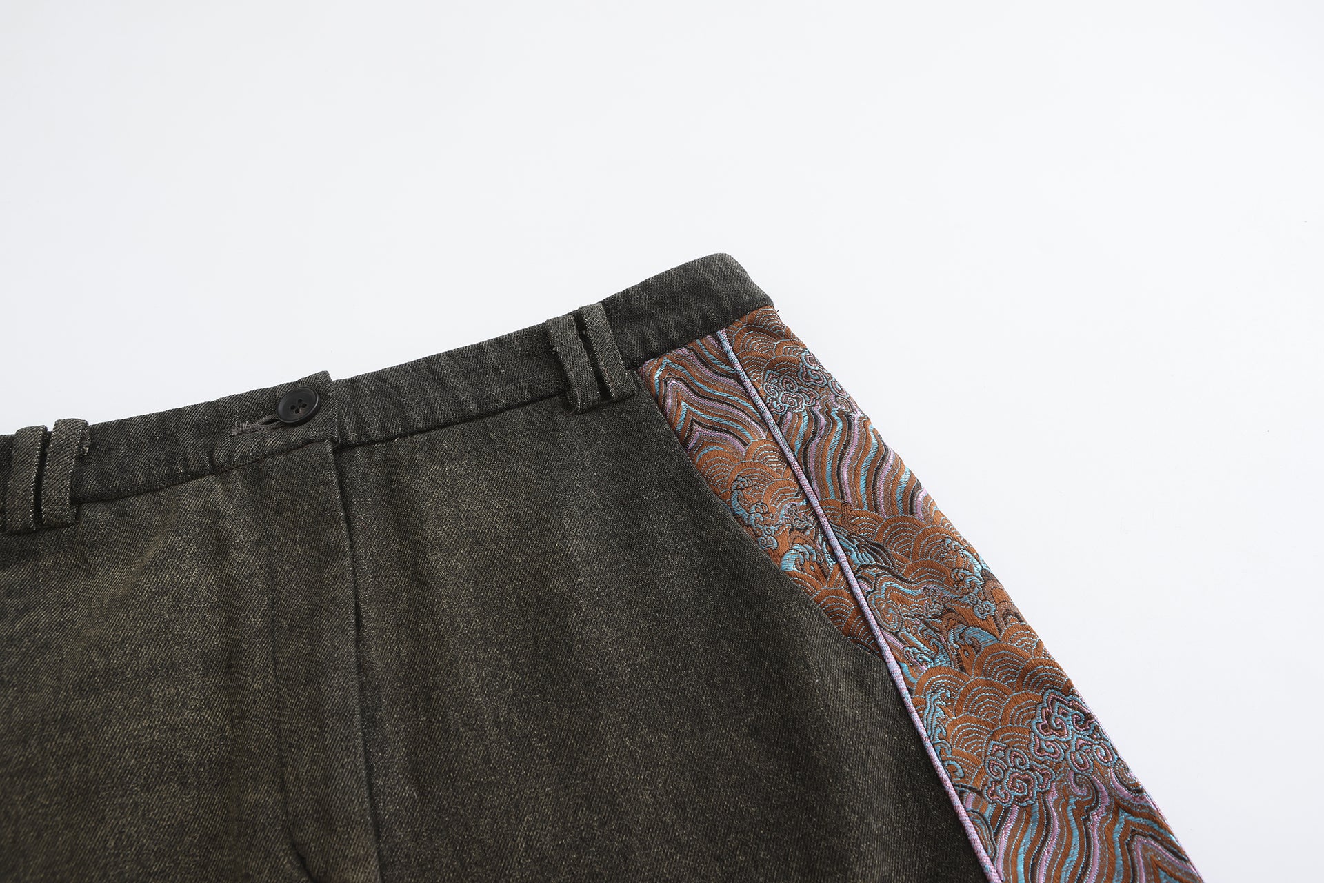 Cha Patch Maxi Skirt, Mid/Low Waist Fit, Denim Brocade Patch, pocket, close up
