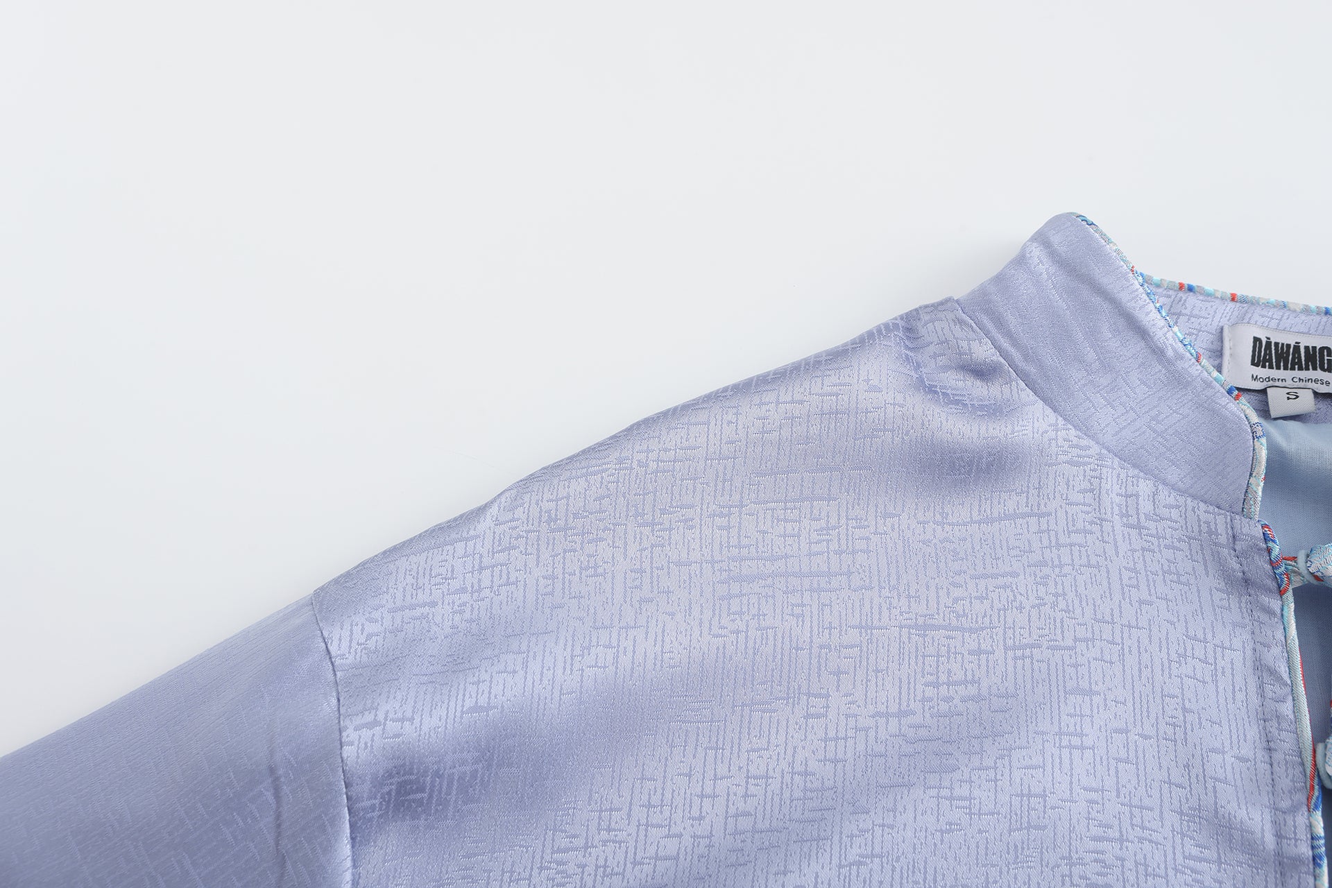 Luka Brocade Button Front Shirt, DAWANG Custom Logo, Contrast Color Brocade Button, Piping, shoulder close up