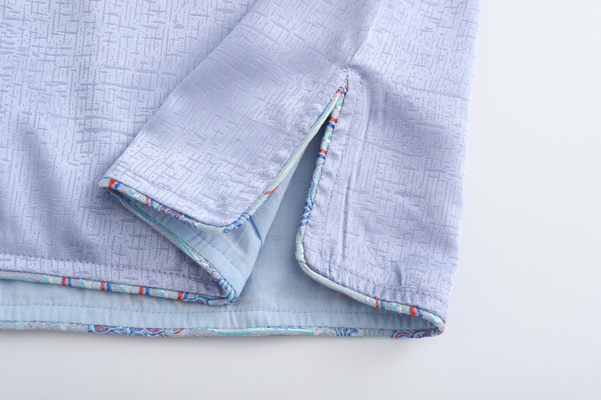 Luka Brocade Button Front Shirt, DAWANG Custom Logo, Contrast Color Brocade Button, shoulder Piping close up