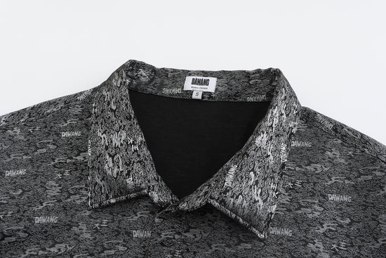Dori Brocade Straight Collar Shirt, Oversized Fit, black, collar close up