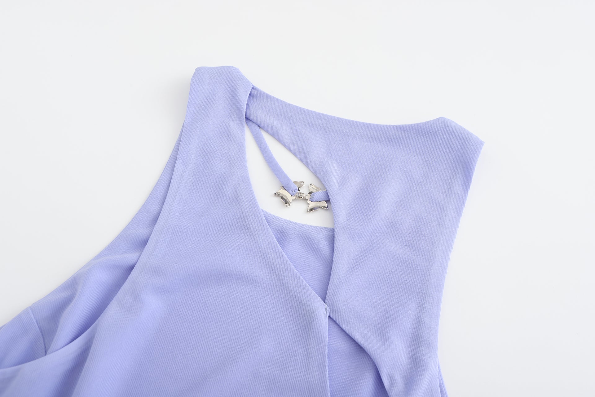 Hu Sleeveless Mini Dress, Front Butterfly Hook, Silk Brocade Knot Button, back close up