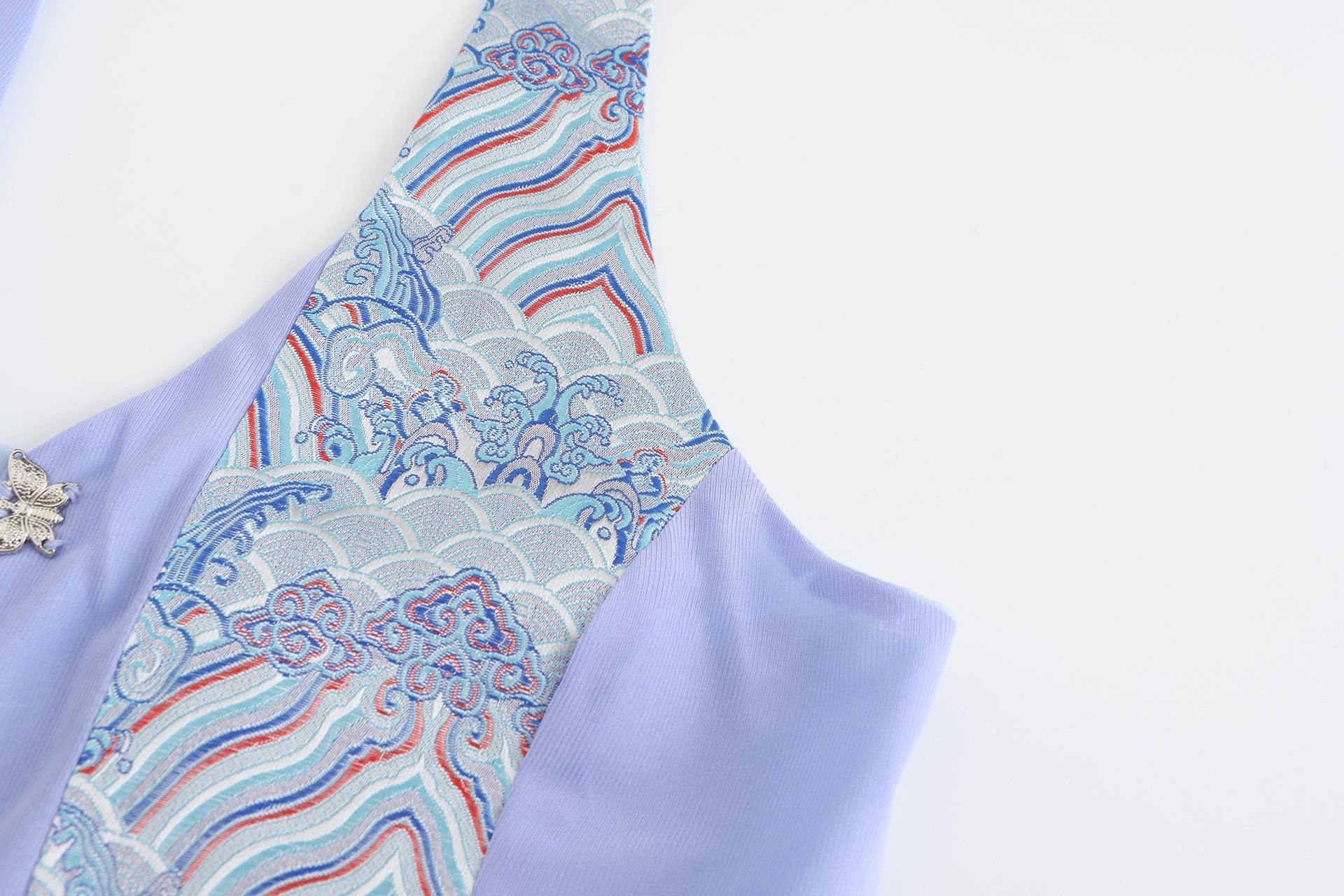 Bei Tie Front Patchwork Vest, Multicolor Waves Brocade close up