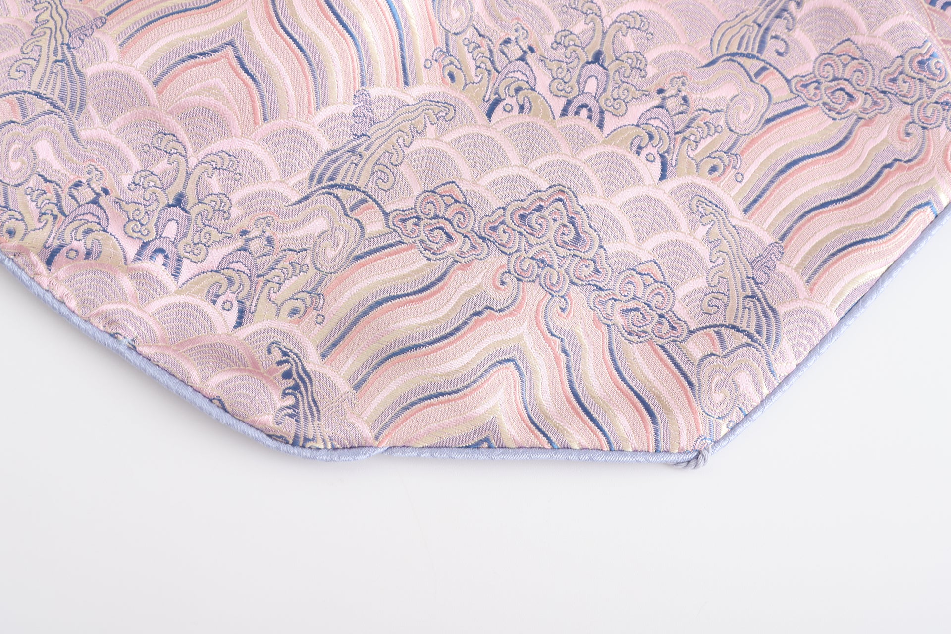 Dong Cropped Reversible Apron Top, Silk Brocade Fabric, periwinkle pink, hem closeup