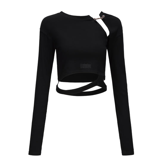 Ju Cutout Long Sleeve Knit Top, Stretchy Knit Long Sleeve, Neckline Front and Back Cutout, Piping, Waist Cut Out, Center Logo Embroidery, front
