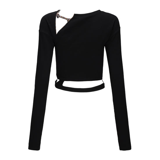 Ju Cutout Long Sleeve Knit Top, Stretchy Knit Long Sleeve, Neckline Front and Back Cutout, Piping, Waist Cut Out, Center Logo Embroidery, back