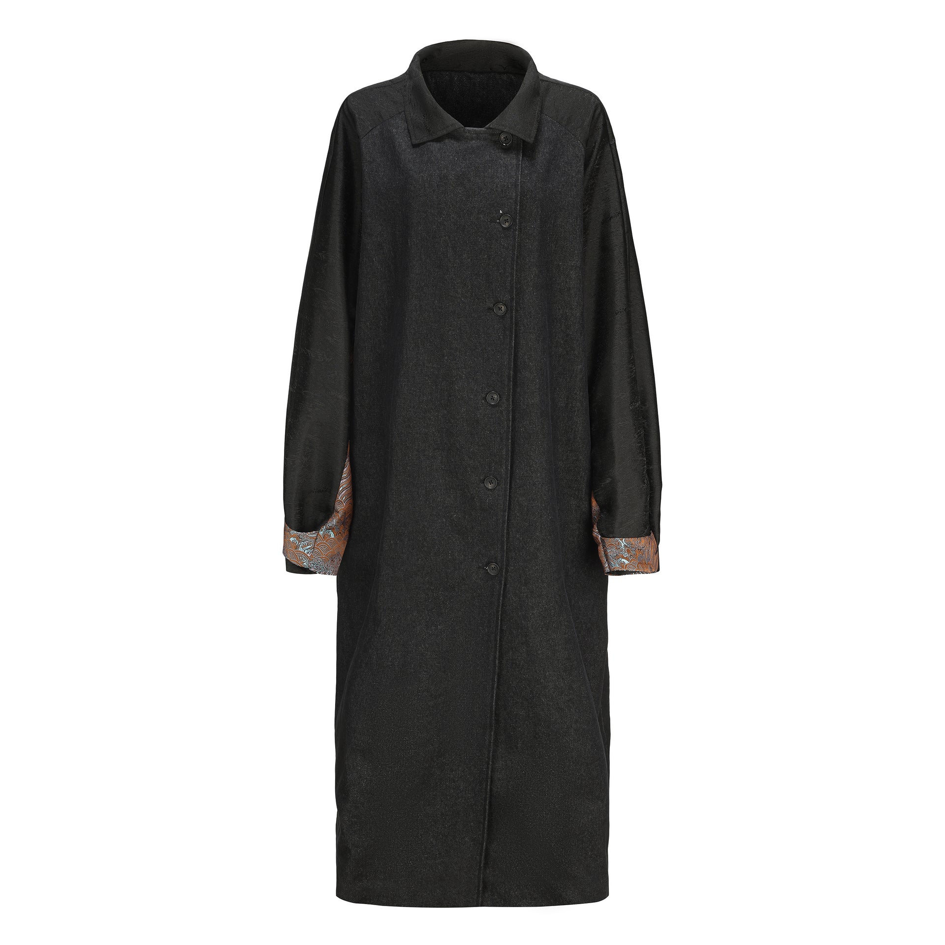 Li Patch Collar Button Oversized Coat, Drop Shoulder Oversized, Contrast Black DAWANG, Brown Brocade Patch on Both Sleeves, Side Button, front