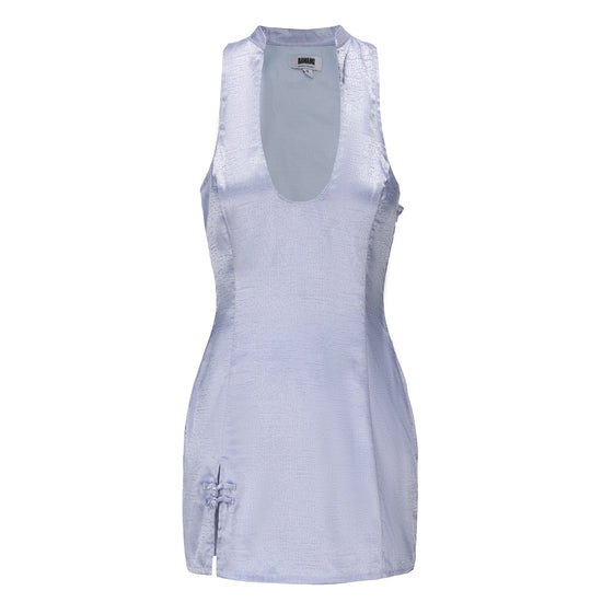 Hua Sleeveless Brocade Mini Dress, Open Collar, Single Slit with Knot Button, Logo Embroidery Back, periwinkle, front