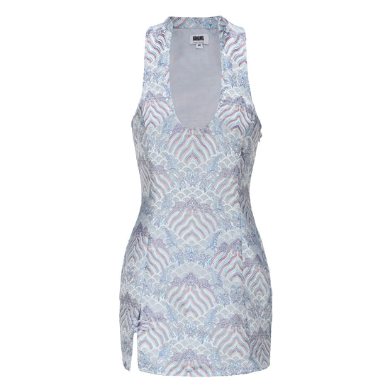 Hua Sleeveless Brocade Mini Dress, Open Collar, Single Slit with Knot Button, Logo Embroidery Back, Cloud Moire, front
