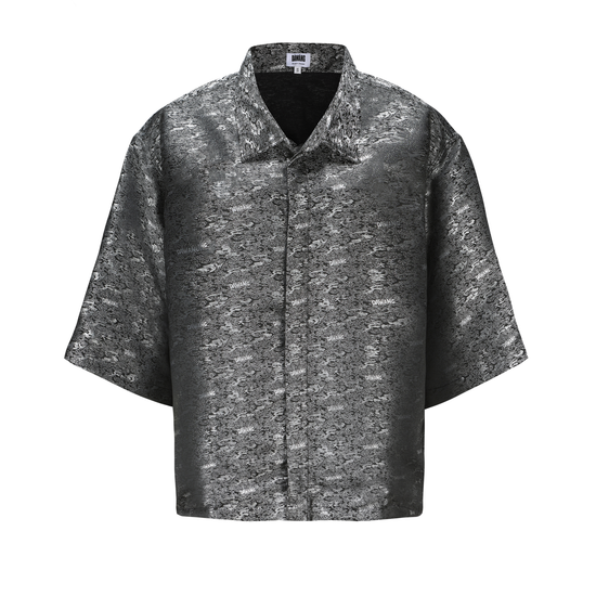 Dori Brocade Straight Collar Shirt, Oversized Fit, black, front
