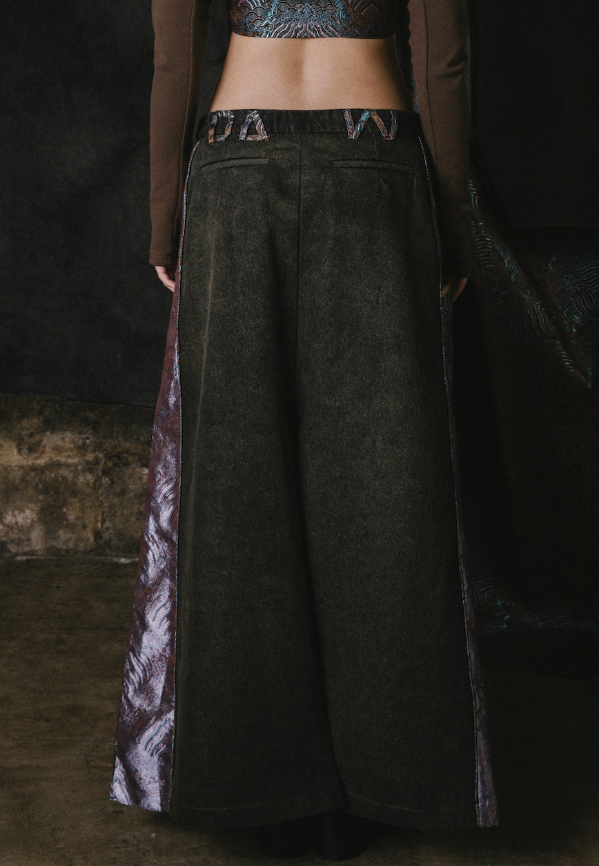 Cha Patch Maxi Skirt, Mid/Low Waist Fit, Denim Brocade Patch, DA W- Embroidered Patch Belt Loops, styled back
