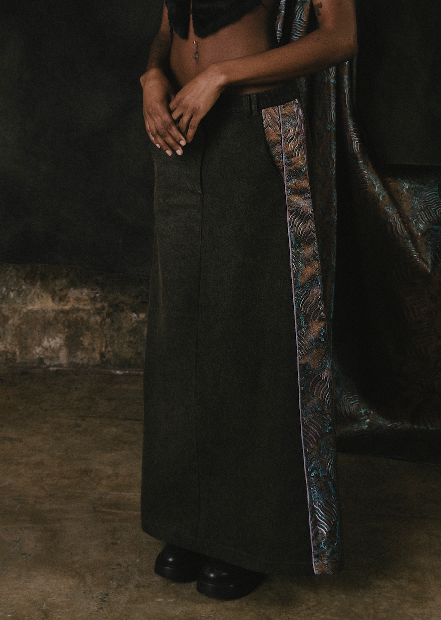 Cha Patch Maxi Skirt, Mid/Low Waist Fit, Denim Brocade Patch, DA W- Embroidered Patch Belt Loops, styled