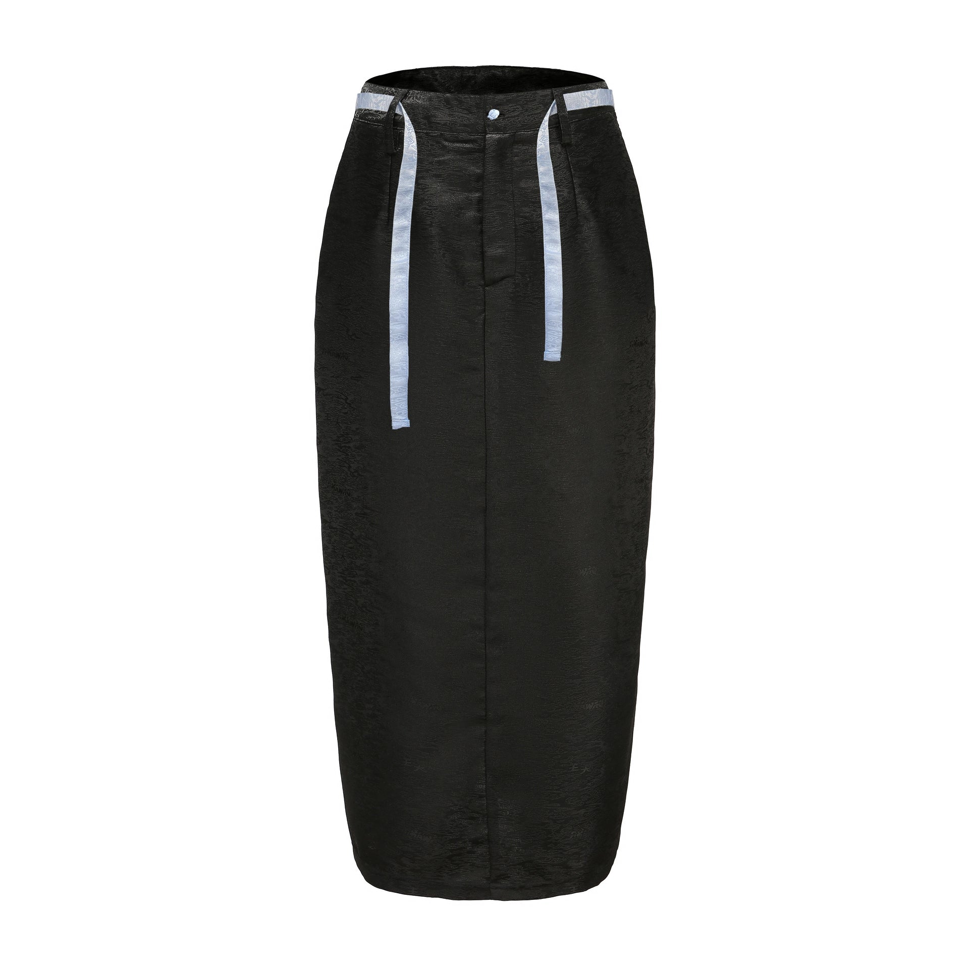 Peng Back Slit Cargo Midi Skirt, Mid Waist Fit, Back Center Slit,  Side Pockets, Brocade Belt, DAWANG CUSTOM LOGO BROCADE, black, front