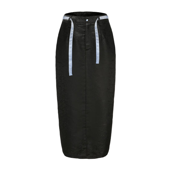 Peng Back Slit Cargo Midi Skirt, Mid Waist Fit, Back Center Slit,  Side Pockets, Brocade Belt, DAWANG CUSTOM LOGO BROCADE, black, front