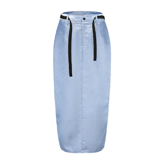 Peng Back Slit Cargo Midi Skirt, Mid Waist Fit, Back Center Slit, Side Pockets, Brocade Belt, DAWANG CUSTOM LOGO BROCADE, blue, front