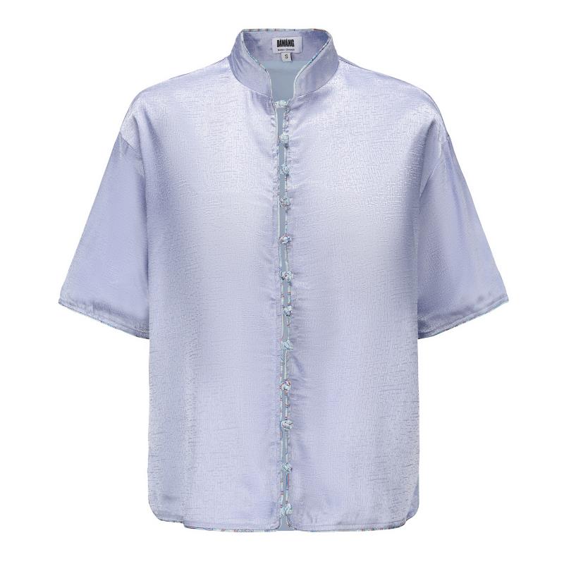 Luka Brocade Button Front Shirt, DAWANG Custom Logo, Contrast Color Brocade Button, Piping, front
