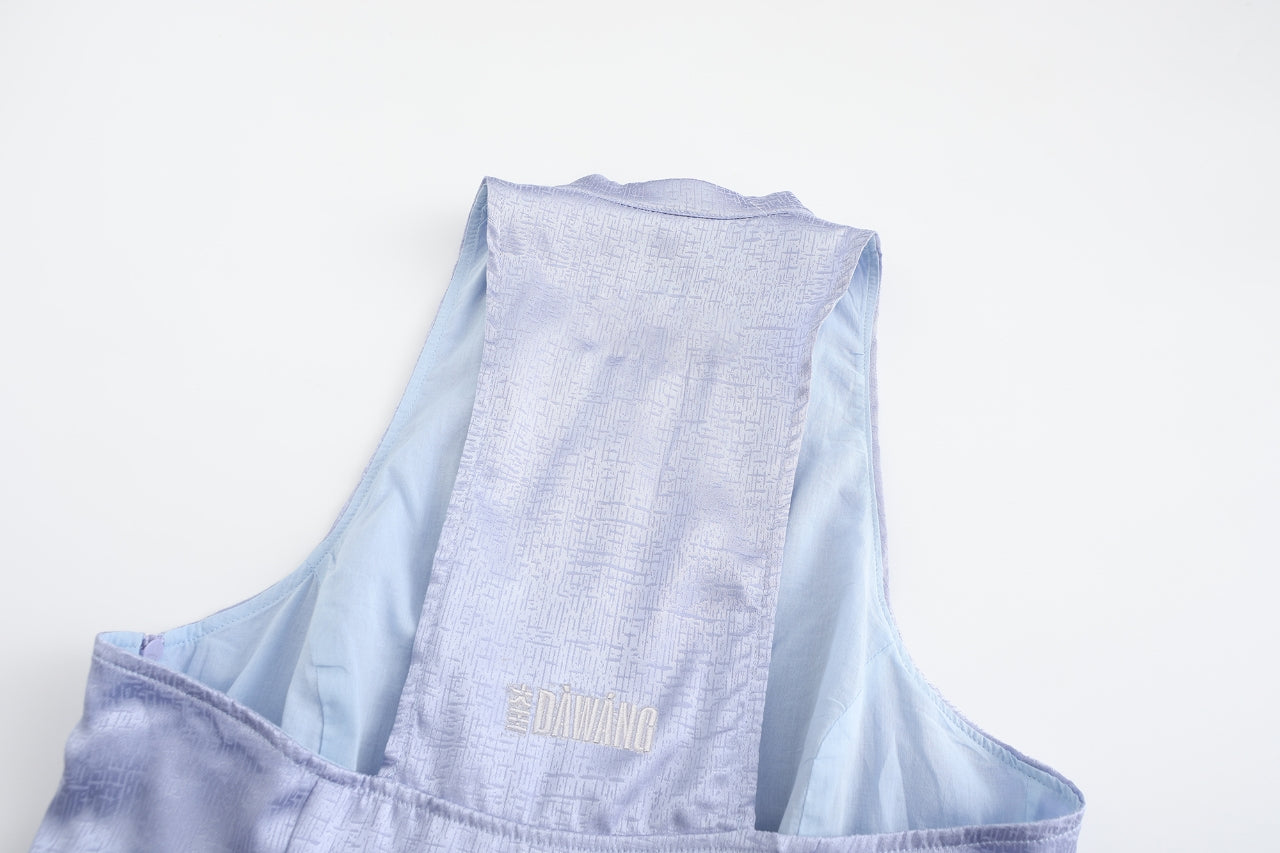 Hua Sleeveless Brocade Mini Dress, periwinkle, Logo Embroidery Back close up