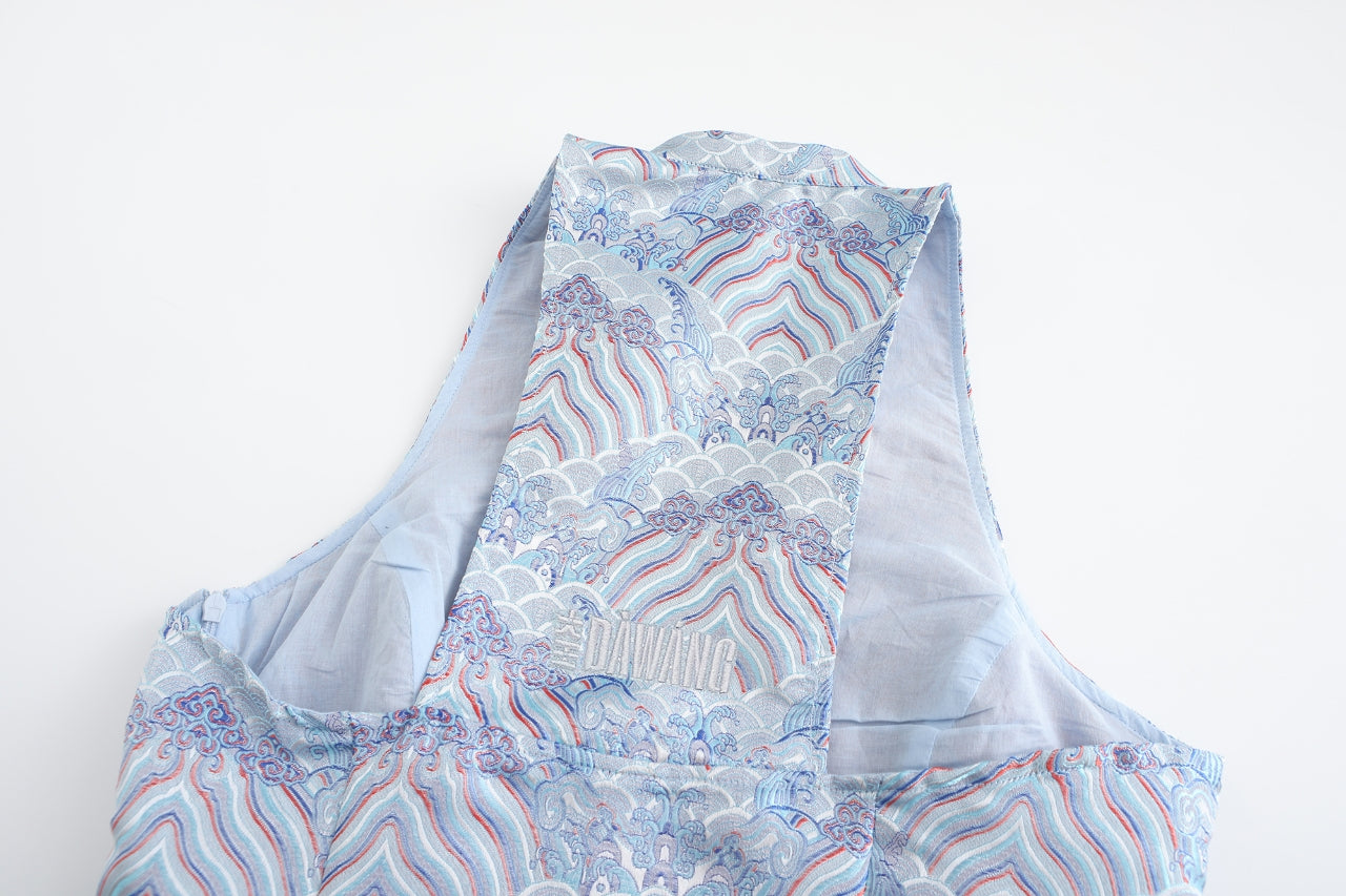 Hua Sleeveless Brocade Mini Dress, Cloud Moire, Logo Embroidery Back close up