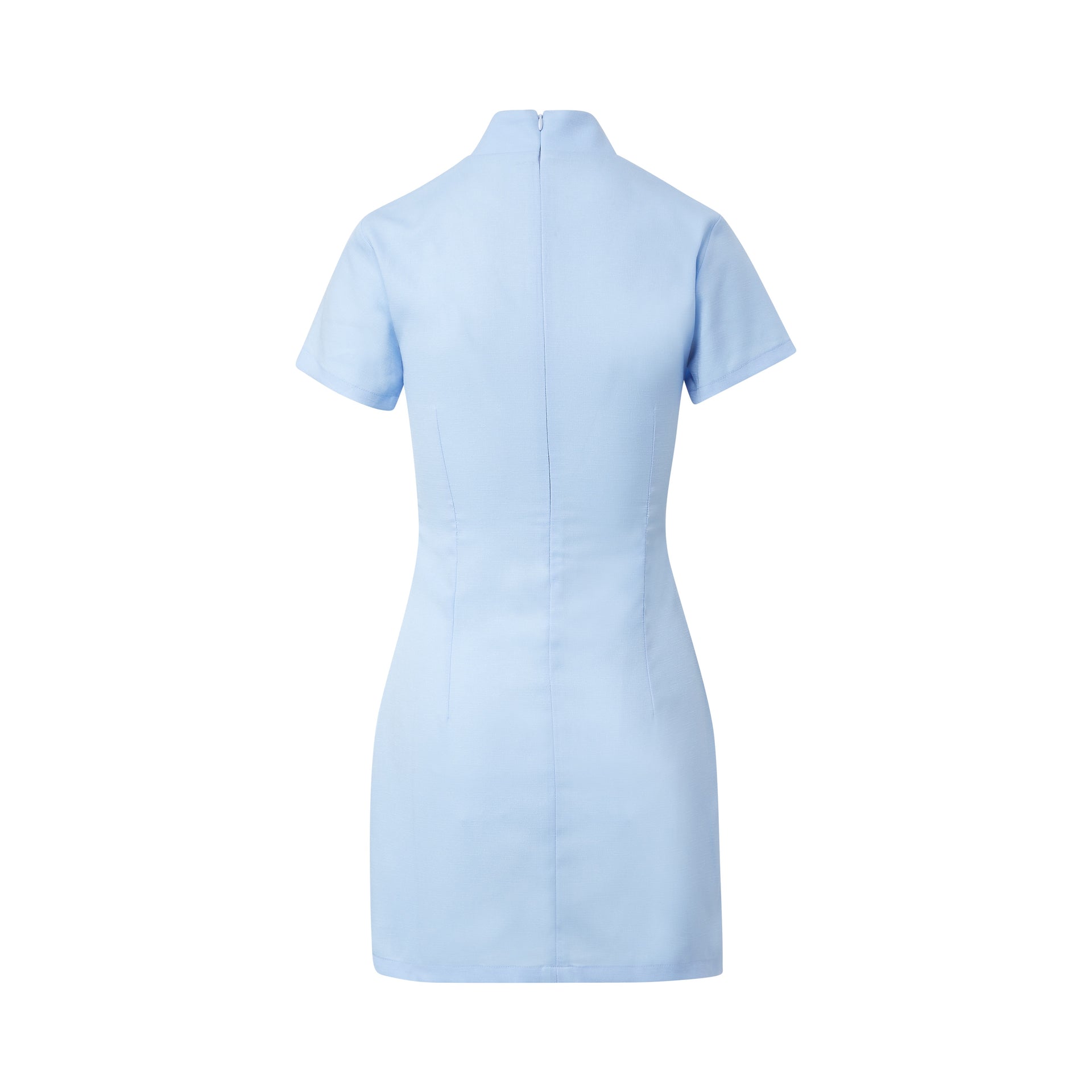 Lesley Linen Mini Dress, Embroidered Log, Sleeve Slit, sky blue, back
