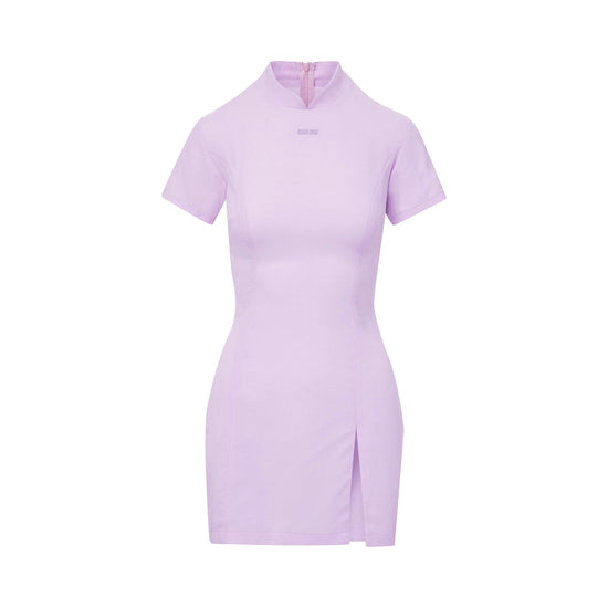 Lesley Linen Mini Dress, Embroidered Log, Sleeve Slit, lavender, front 