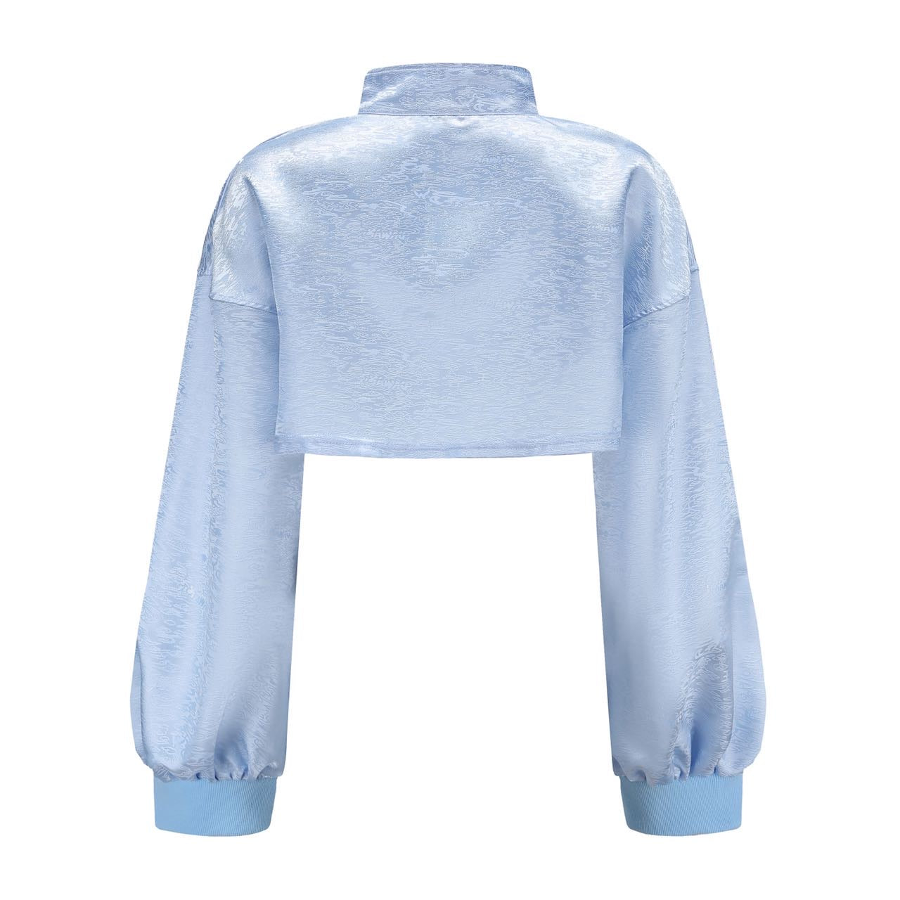 Hei Open Collar Crop Top, Drop Shoulder Oversized Fit, Contrast Color Piping, Center Front Knot Button, Brocade blue, back