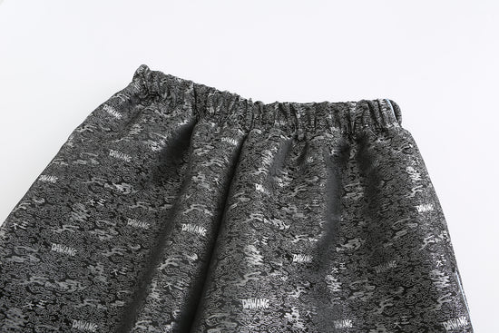 Fu Brocade Wide Leg Track Pants, Side Pocket, Contrast Brocade Piping, front close up