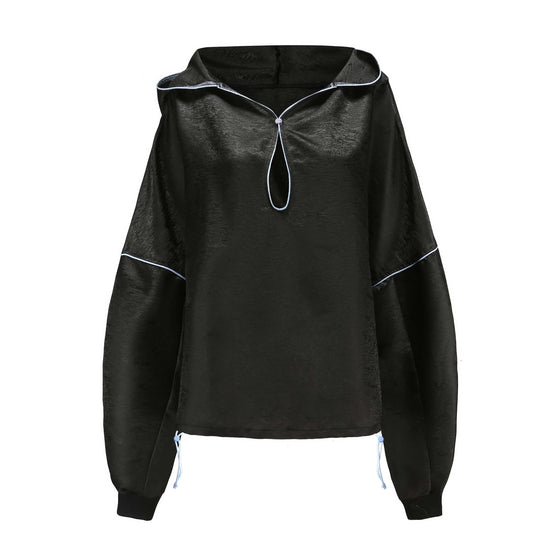 Jin Open Neck Drawstring Adjustable Hoodie, Drop Shoulder Oversized Fit, Drawstring Adjustable Length, Brocade Black, front