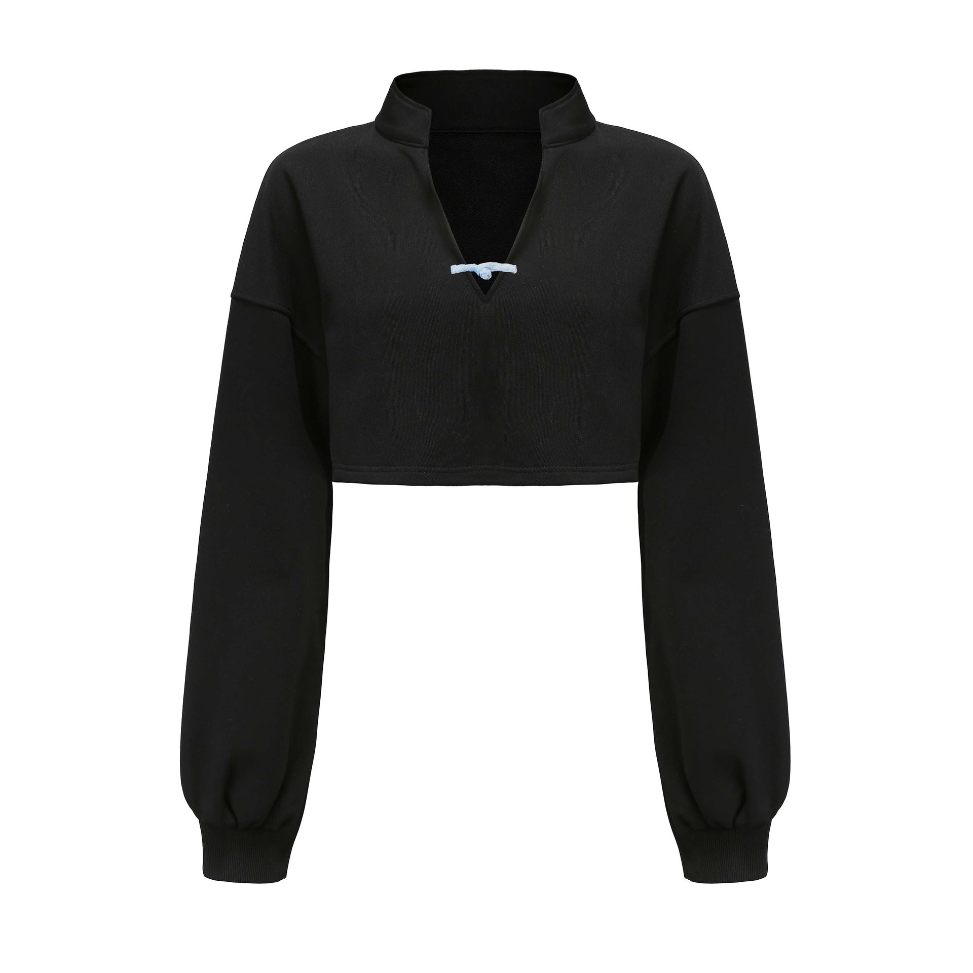 Hei Open Collar Crop Top, Drop Shoulder Oversized Fit, Contrast Color Piping, Center Front Knot Button, Cotton Black, front