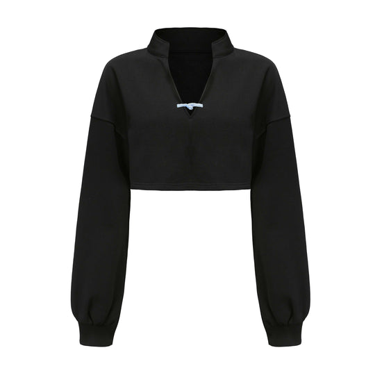 Hei Open Collar Crop Top, Drop Shoulder Oversized Fit, Contrast Color Piping, Center Front Knot Button, Cotton Black, front