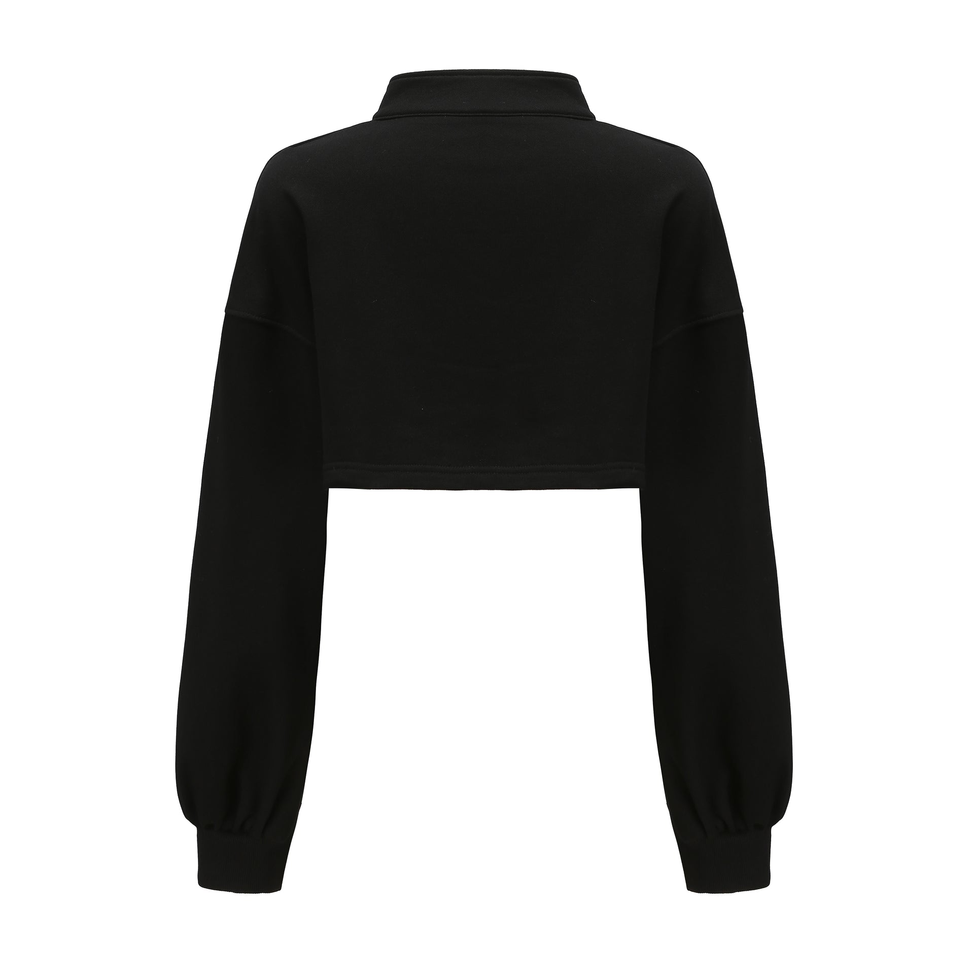 Hei Open Collar Crop Top, Drop Shoulder Oversized Fit, Contrast Color Piping, Center Front Knot Button, Cotton Black, back
