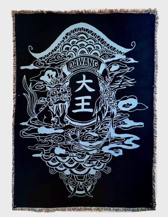 MénShén Motif Tapestry, 1st home decor, MenShen 门神 motif, Fringe trim, black, side1