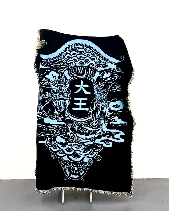 MénShén Motif Tapestry, 1st home decor, MenShen 门神 motif, Fringe trim, black, side2