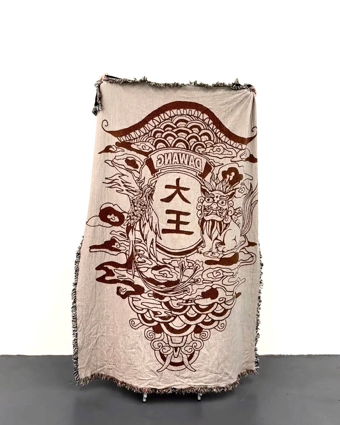 MénShén Motif Tapestry, 1st home decor, MenShen 门神 motif, Fringe trim, white