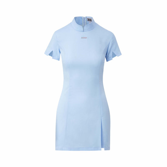 Lesley Linen Mini Dress, Embroidered Log, Sleeve Slit, sky blue, front