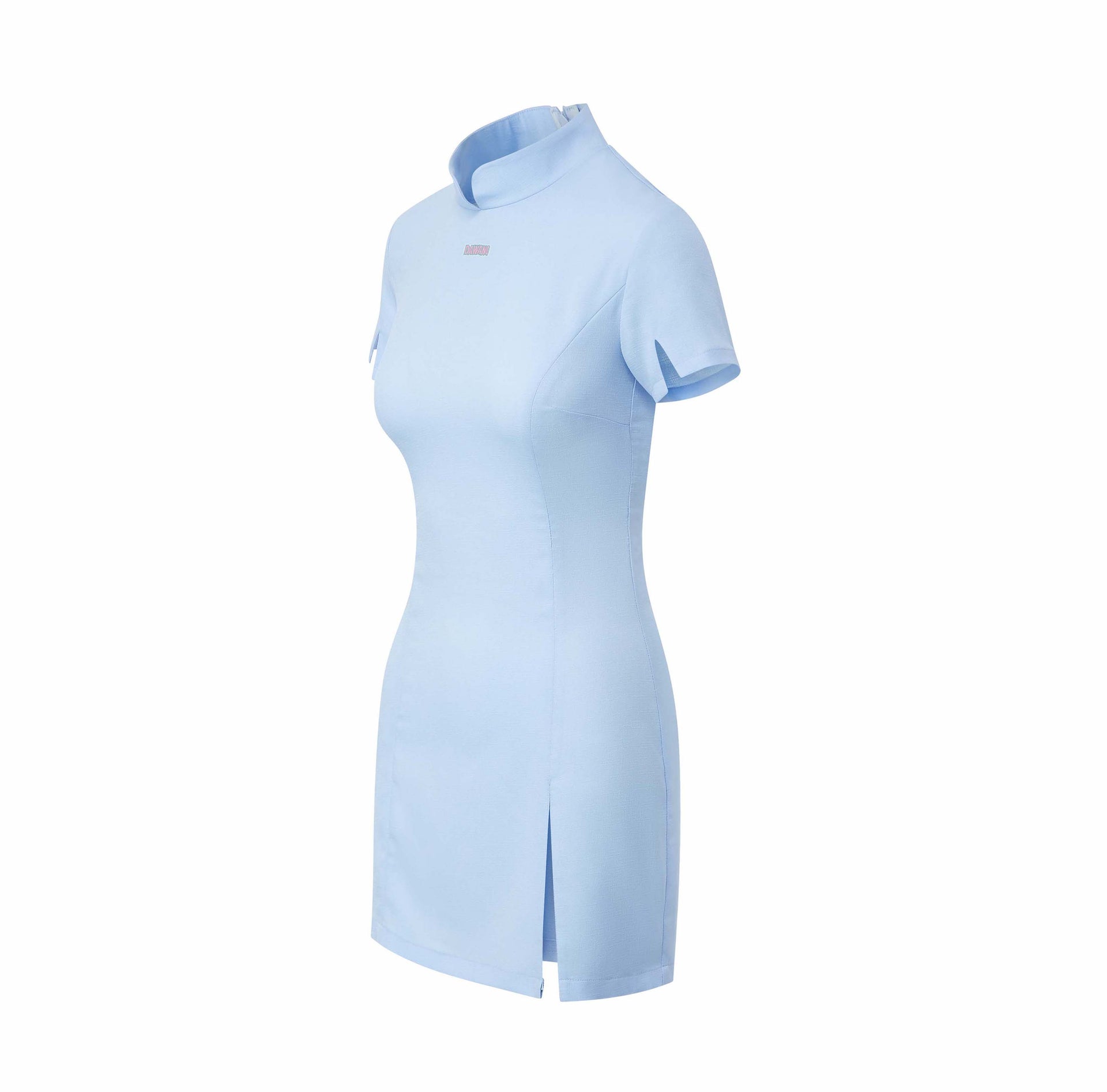Lesley Linen Mini Dress, Embroidered Log, Sleeve Slit, sky blue, left-side