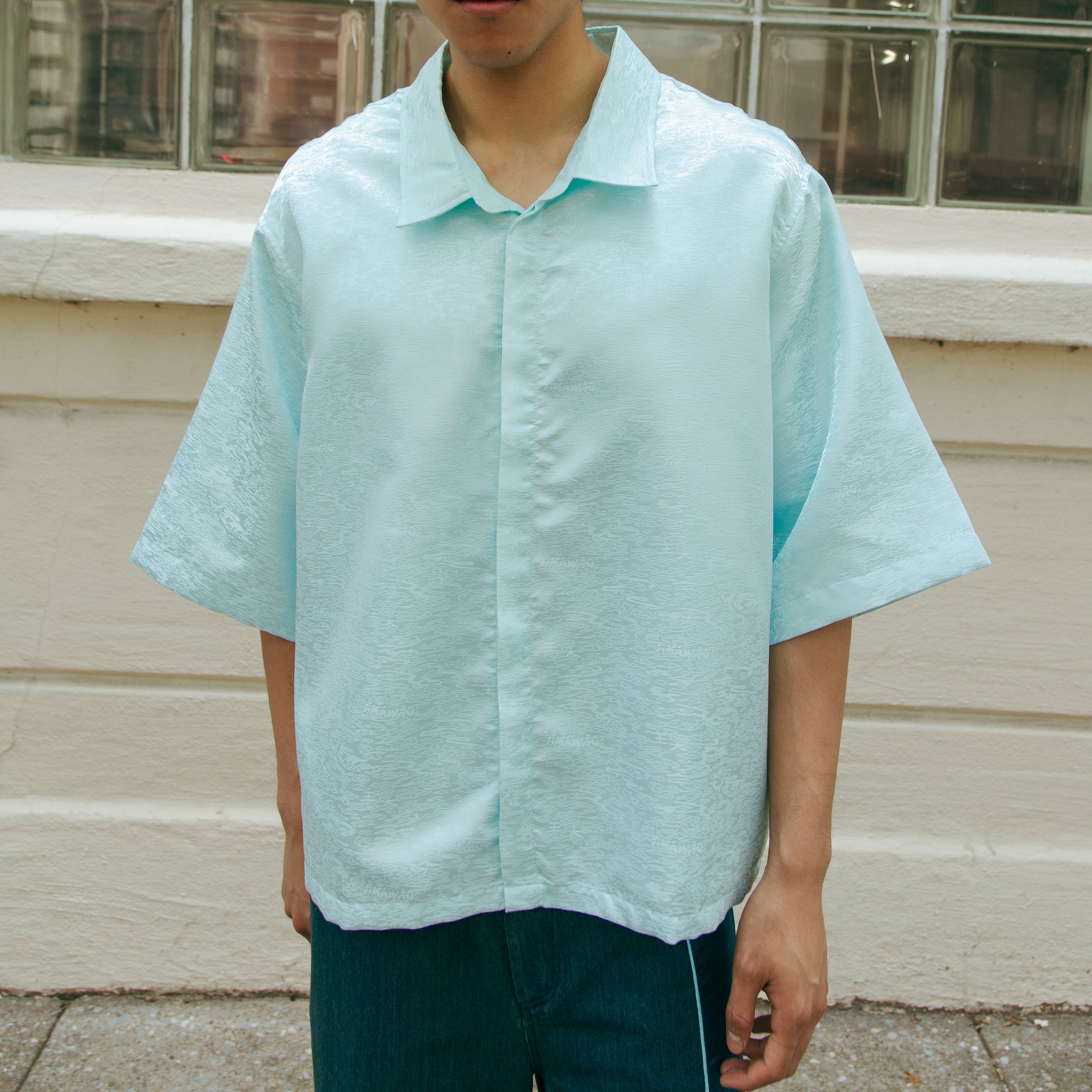 Dori Brocade Straight Collar Shirt Jade Blue XL