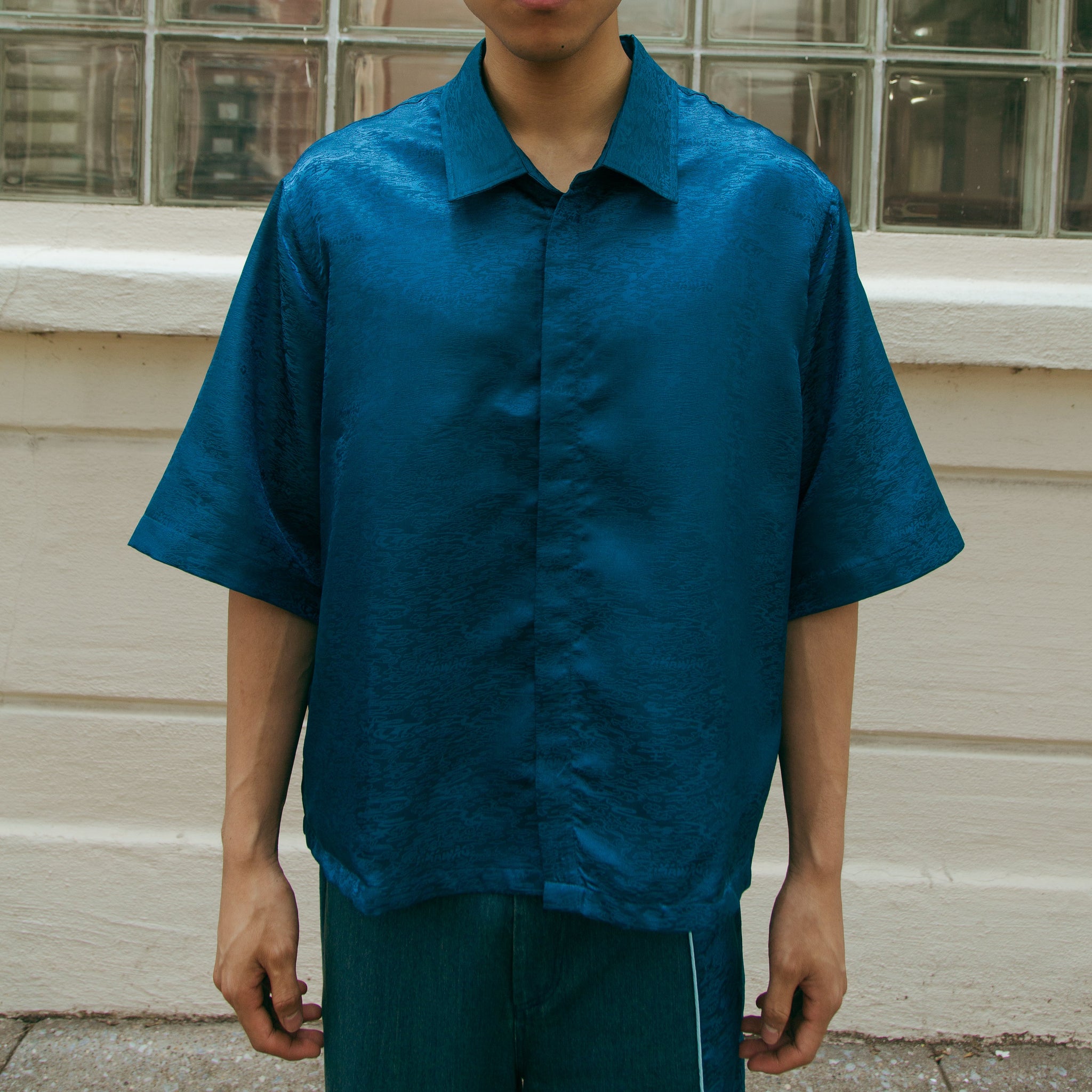 Dori Brocade Straight Collar Shirt Forest Blue S