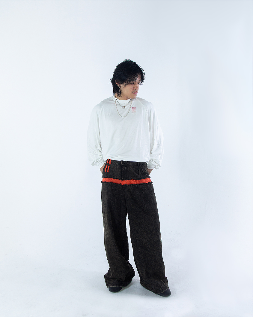Za WideLeg Denim/Brocade Patch Pants Phoenix Red