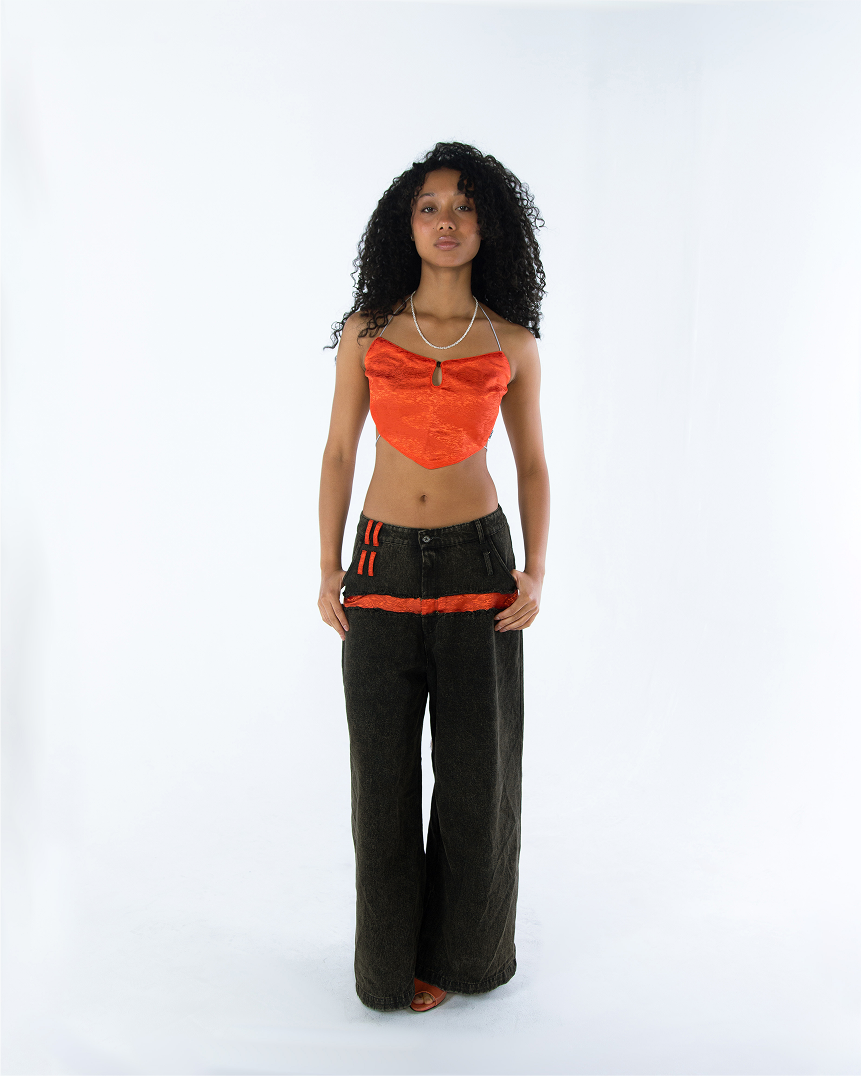 Za WideLeg Denim/Brocade Patch Pants Phoenix Red