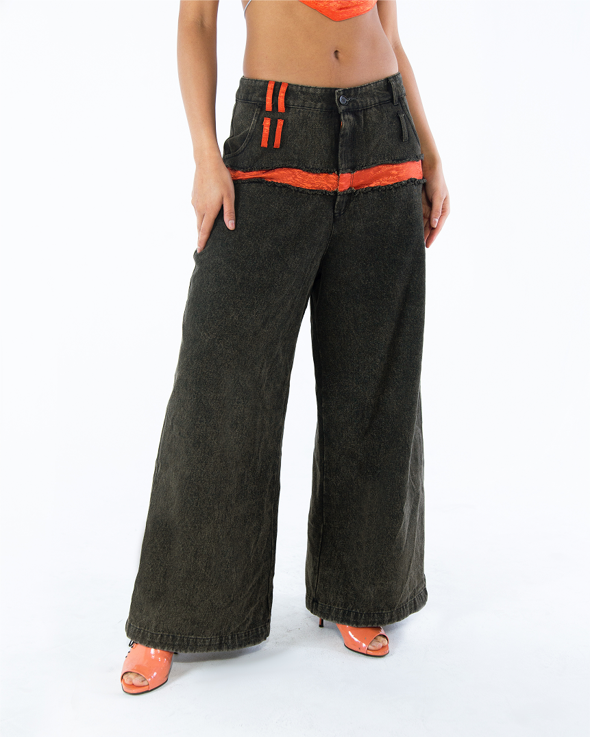 Za WideLeg Denim/Brocade Patch Pants Phoenix Red