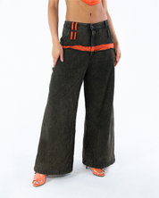 Za WideLeg Denim/Brocade Patch Pants Phoenix Red